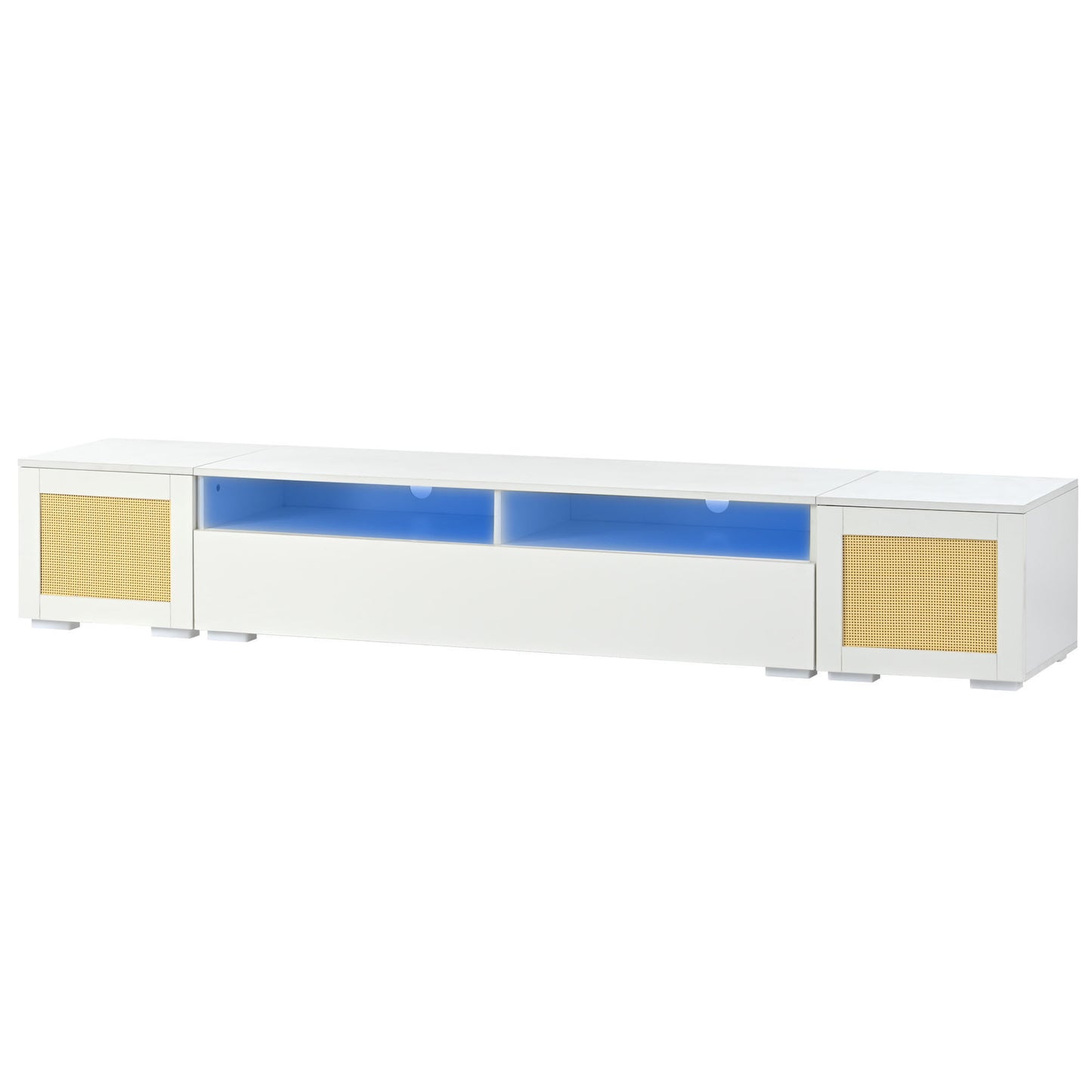 Modern White LED Entertainment Center with Rattan Style Accents and Color Changing Lights