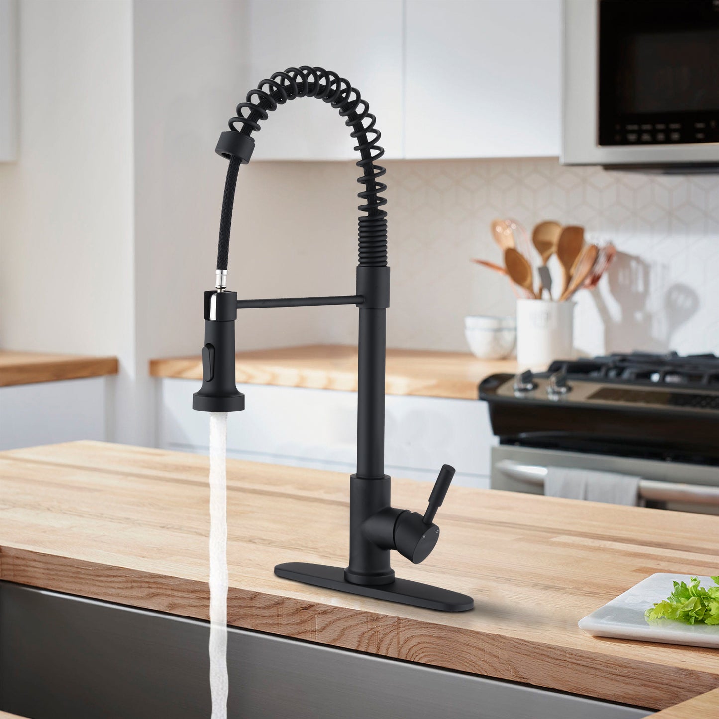 Pull Down Sprayer Spring Kitchen Sink Faucet Matte Black