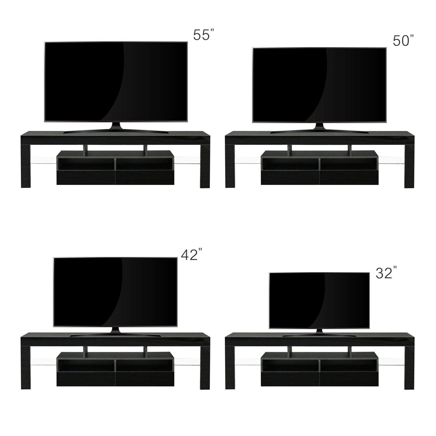 Modern Black TV Stand Cabinet with RGB LED Lights and Storage