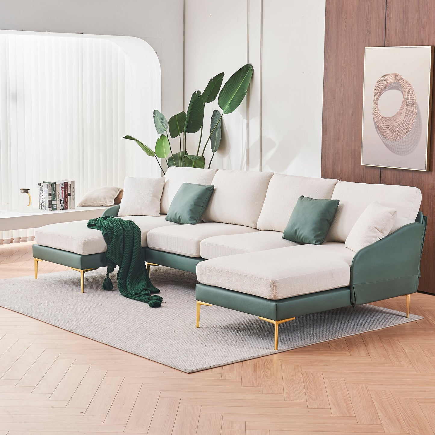 Modern large area Linen+Leathaire fabric color matching segmented sofa, ultra wide lounge chair, golden legs, U-shaped, Cyan+white