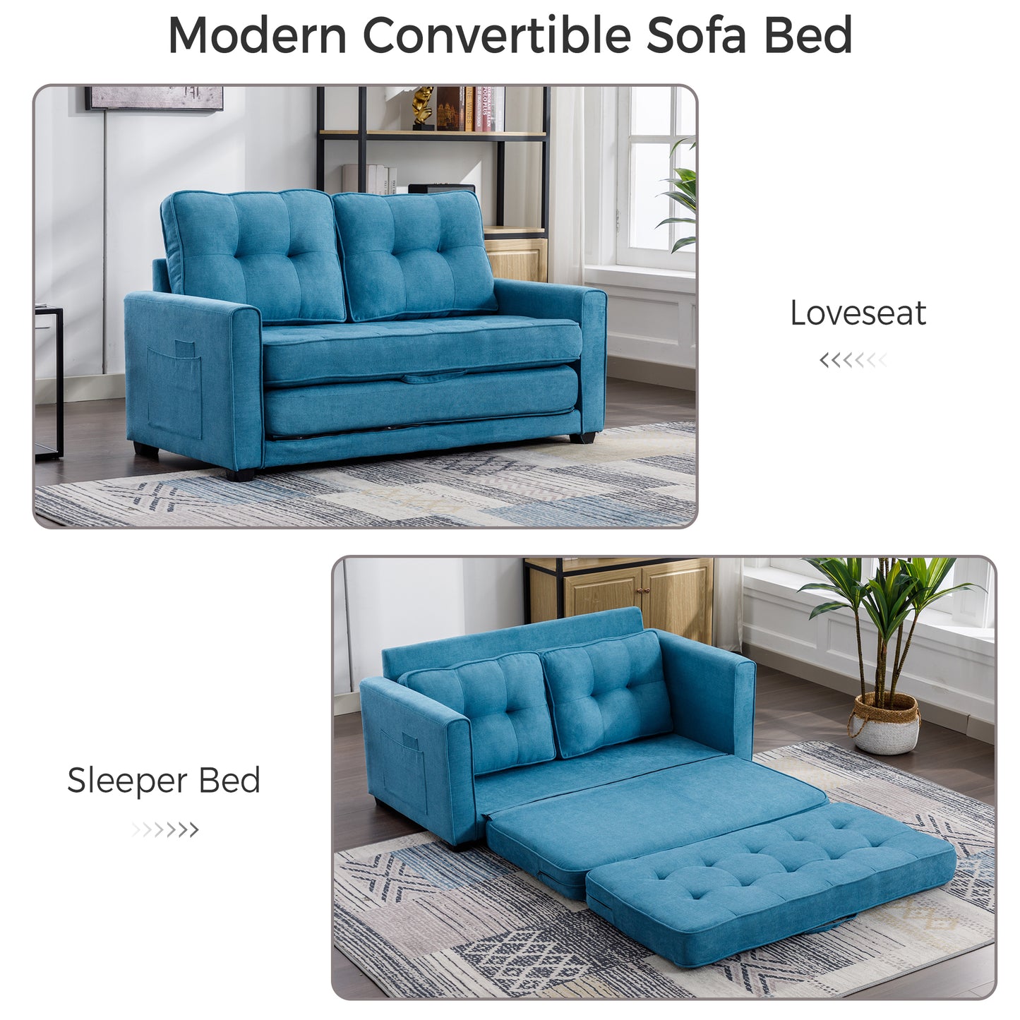 Modern Blue Loveseat Sofa with Pull-Out Bed and Storage Pockets