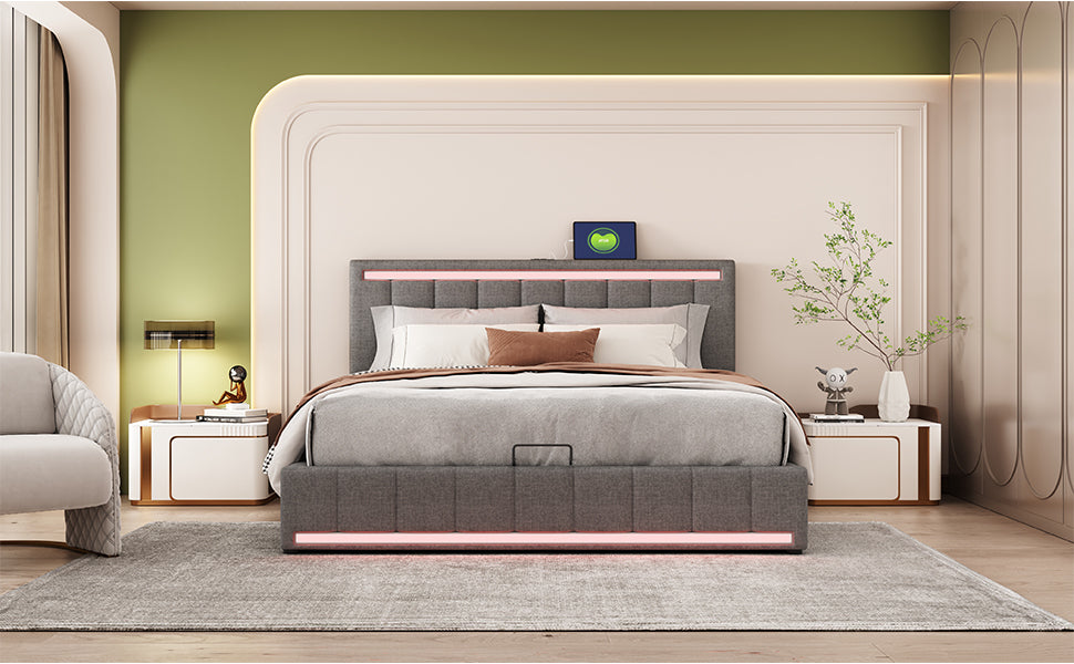 Queen Size Upholstered Platform Bed with Hydraulic Storage System, LED Light, and a set of USB Ports and Sockets, Linen Fabric, Gray