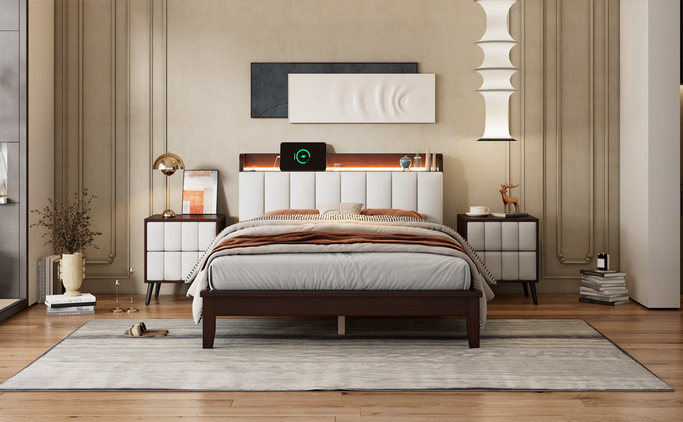 Full size Platform Bed with USB Charging Station and Storage Upholstered Headboard,LED Bed Frame,No Box Spring Needed,Walnut+Beige