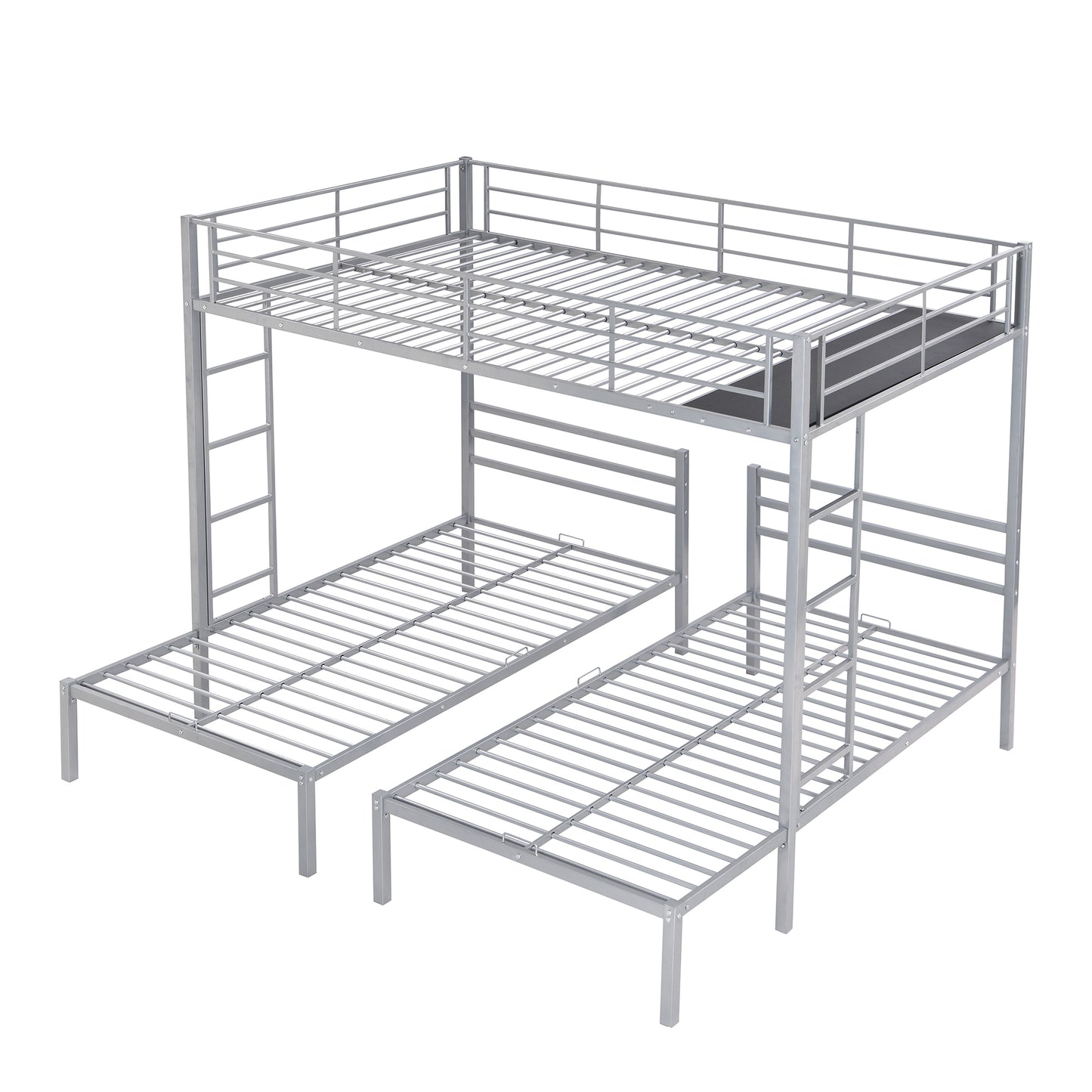 Space-Saving Silver Metal Triple Bunk Bed with Storage Shelf - Full over Twin & Twin Size