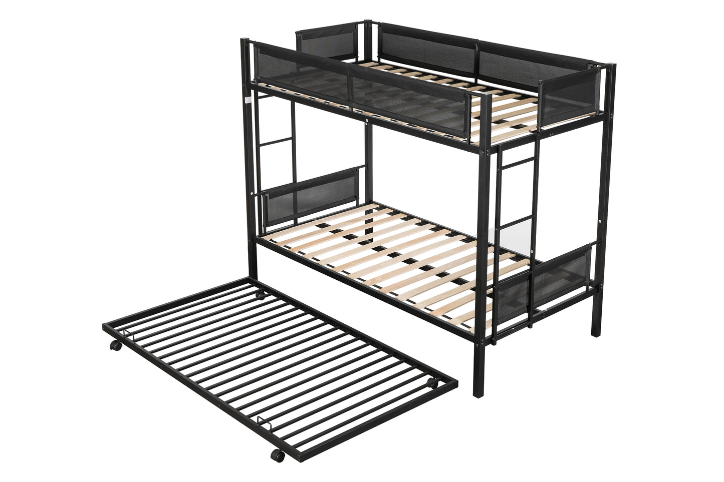 Metal Twin Bunk Bed with Trundle and Textilene Guardrails - Space-Saving Twin Over Twin Bunk Bed