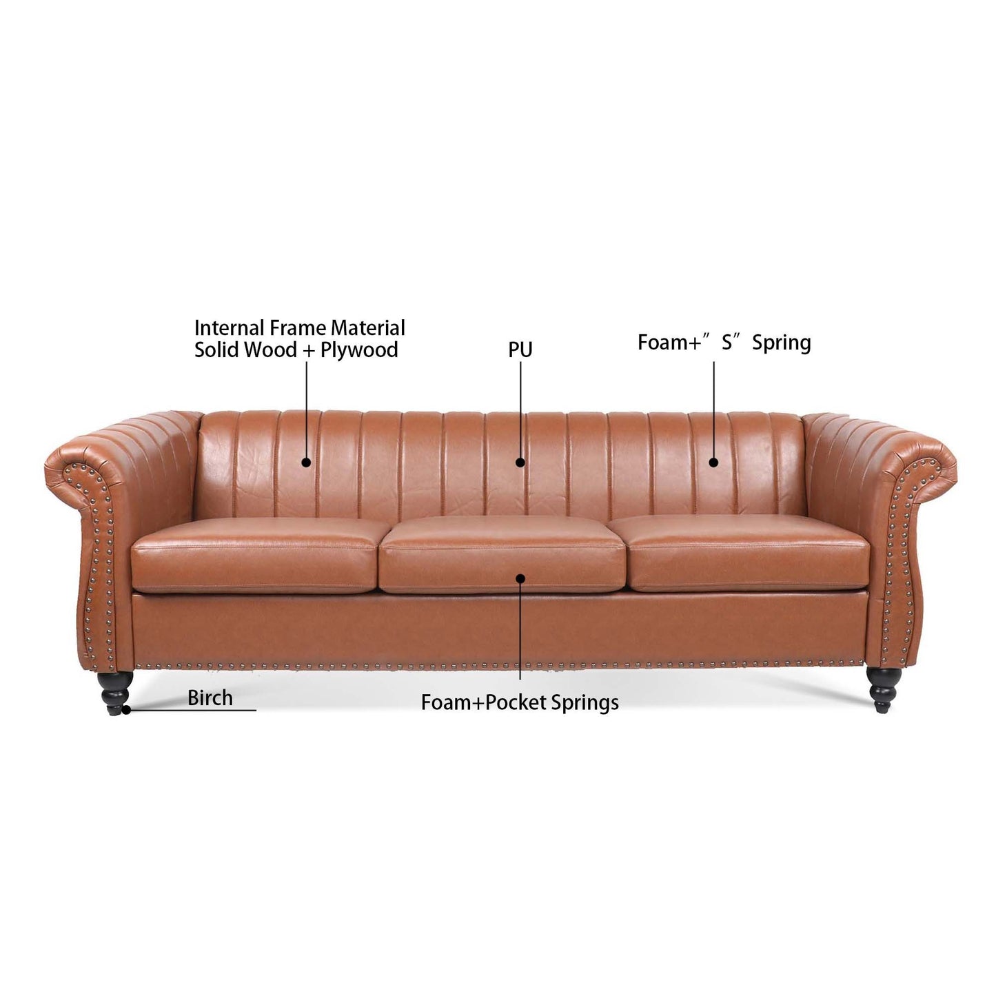 83.46 Elegant Brown Pu Rolled Arm Chesterfield Three Seater Sofa