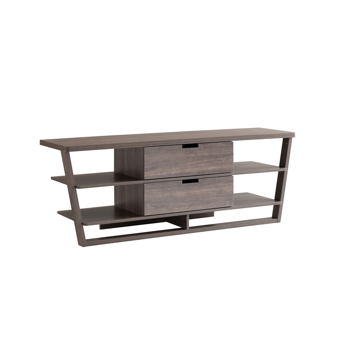 Modern Brown Walnut TV Stand with Open Shelves and Drawers