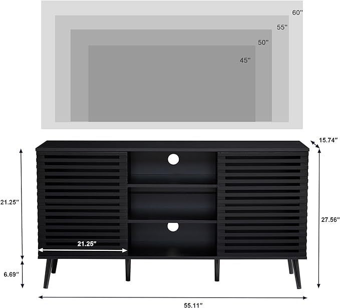 Mid-Century Black TV Stand with Hollow Doors and Storage Shelves for TVs up to 60