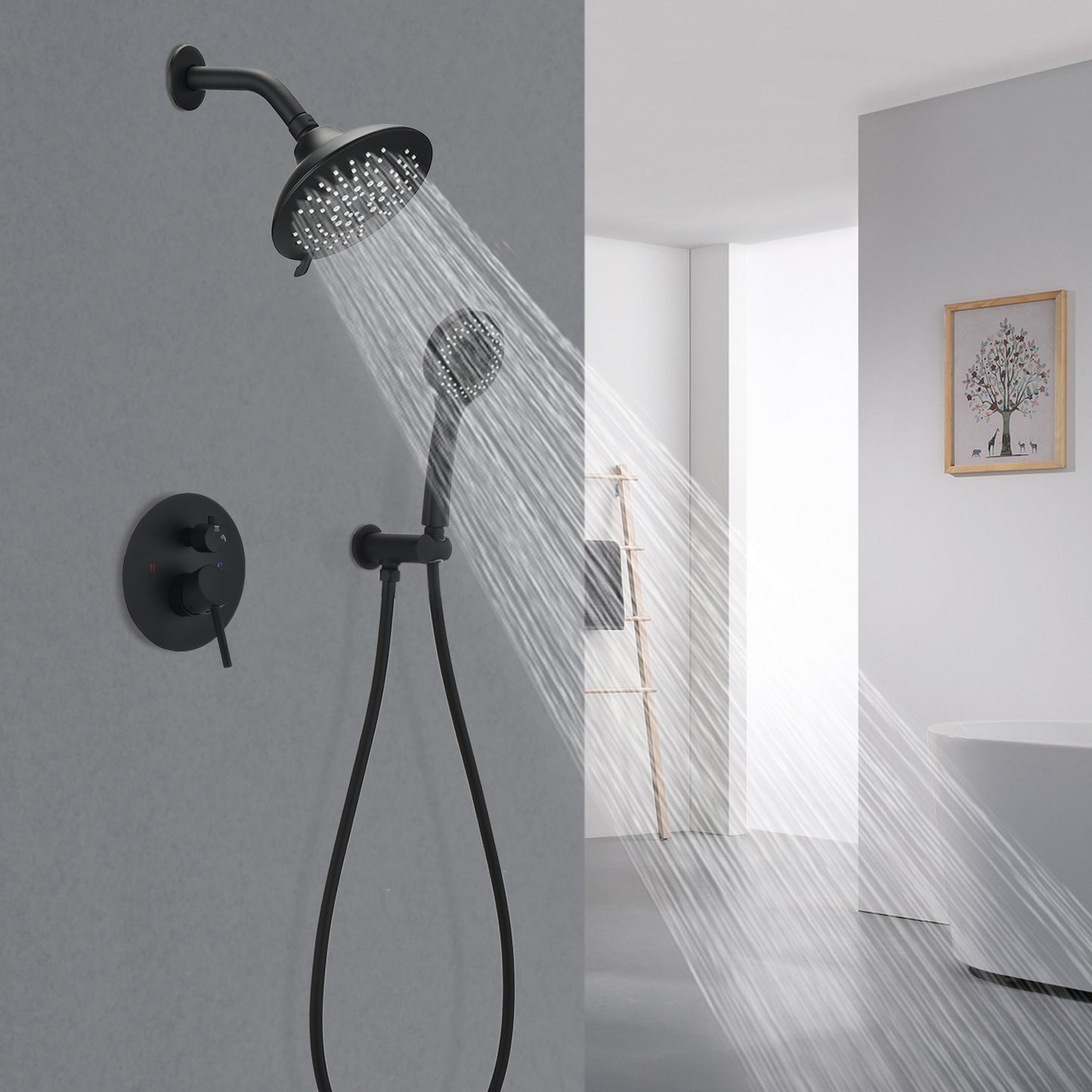 Matte Black Round Wall Mounted Rain Shower Faucet System with Hand Shower