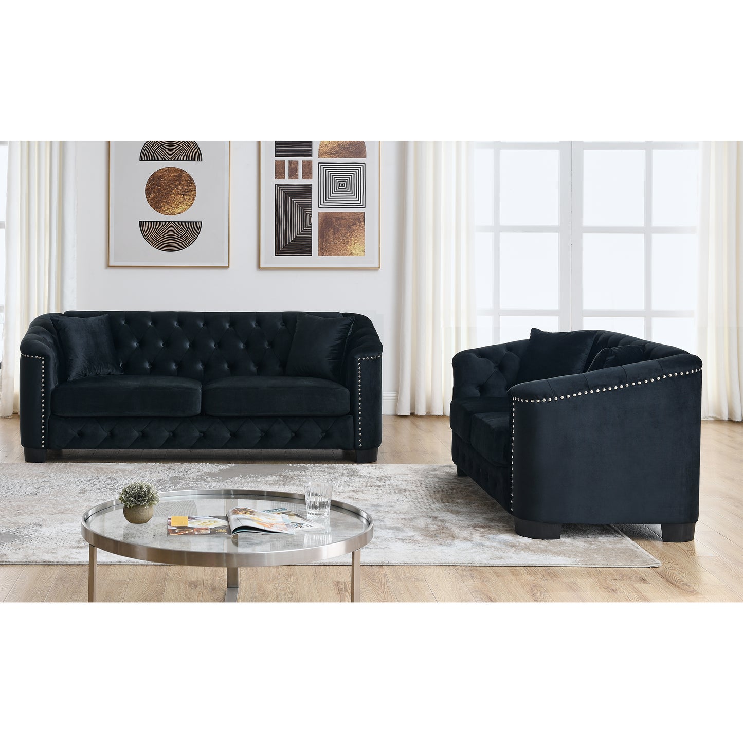 Stylish Black Velvet Combination Sofa Set with Nailhead Trim