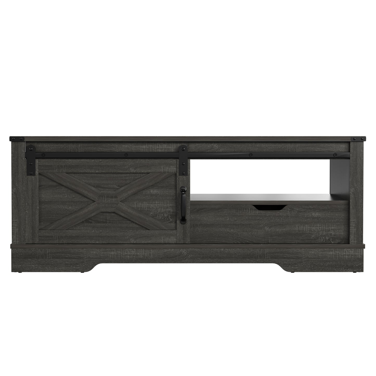 Rectangular Dark Gray Farmhouse Style Coffee Table with Sliding Barn Door Storage