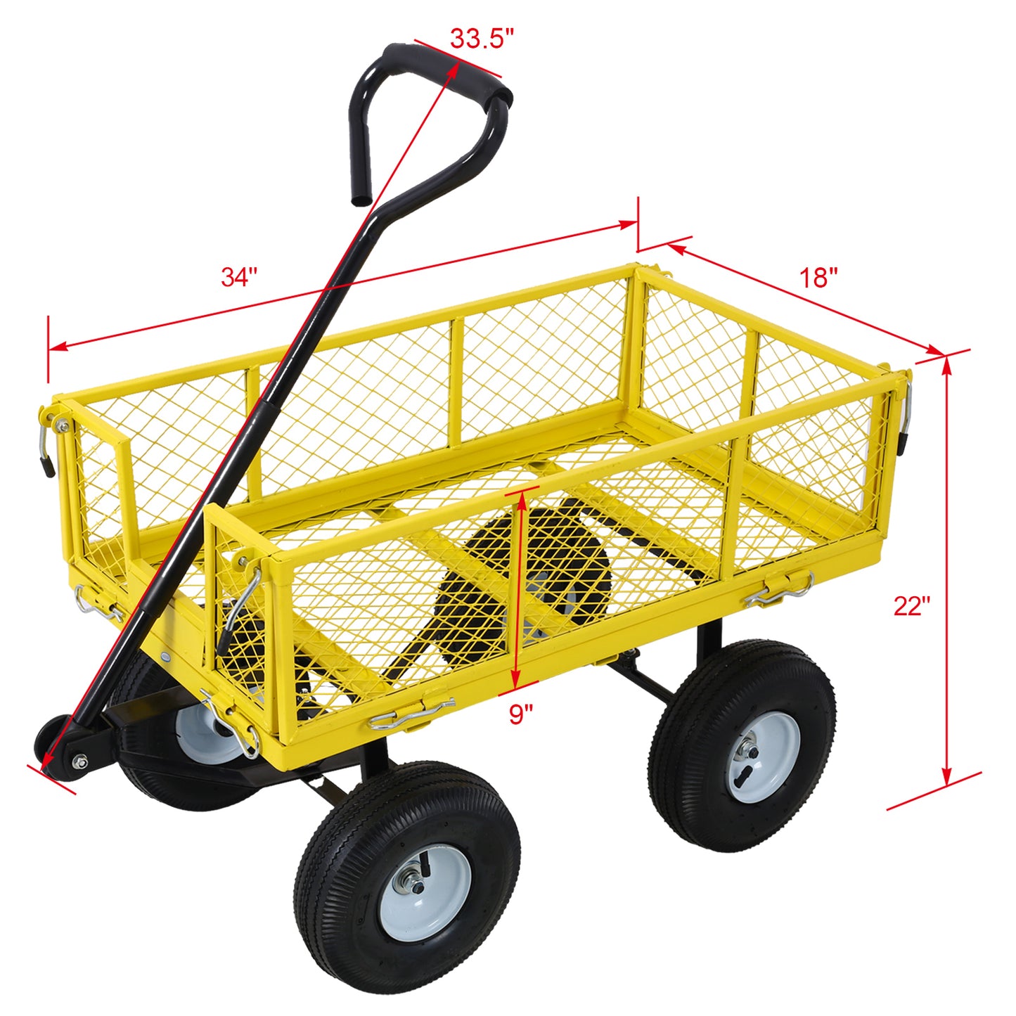 Steel Garden Cart, Steel Mesh Removable Sides, 3 cu ft, 550 lb Capacity, Yellow