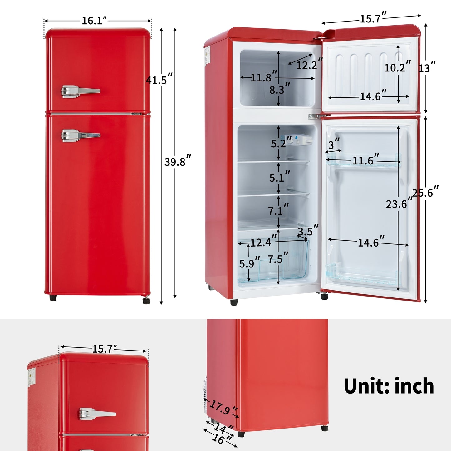 Compact Dual Zone Refrigerator with 3.3 Cu.Ft Fridge + 1.2 Cu.Ft 4-Star Freezer, 7 Temperature Settings, 45 dB, Red, Silver Handles, LED Lighting, Adjustable Shelves