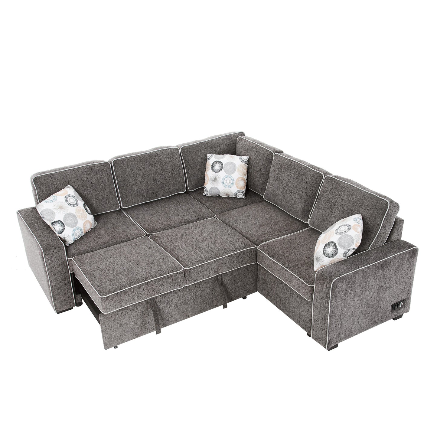 Modern L-Shaped Sleeper Sofa Bed with USB Ports and Pillows