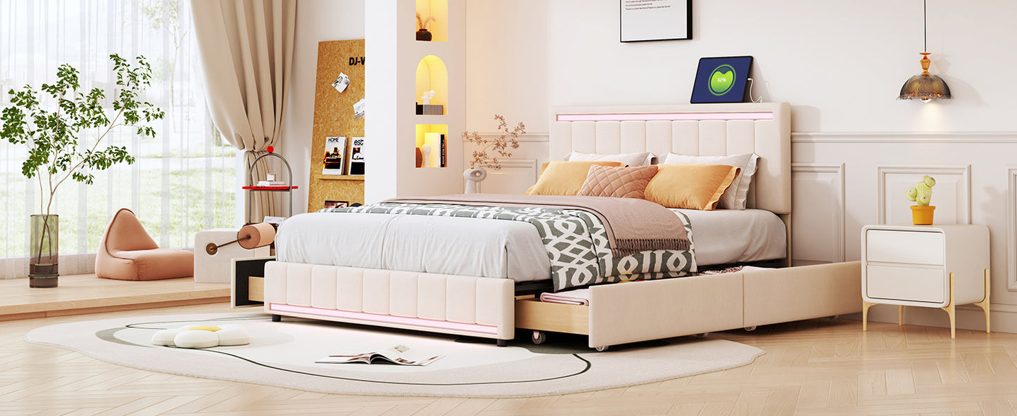 Queen Size Upholstered Bed with LED Light and 4 Drawers,  Modern Platform Bed with a set of Sockets and USB Ports, Linen Fabric, Beige