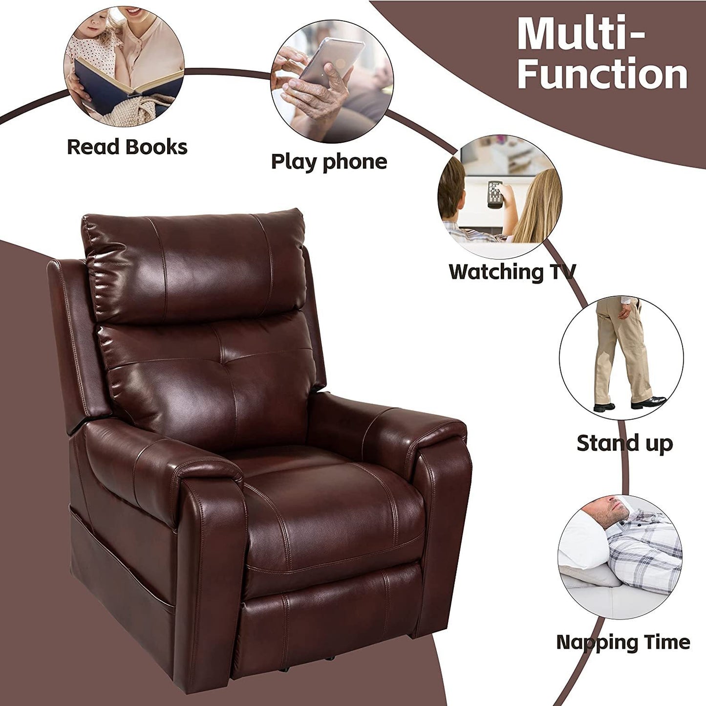 Elderly Electric Power Recliner Chair in Red Brown by Lehboson