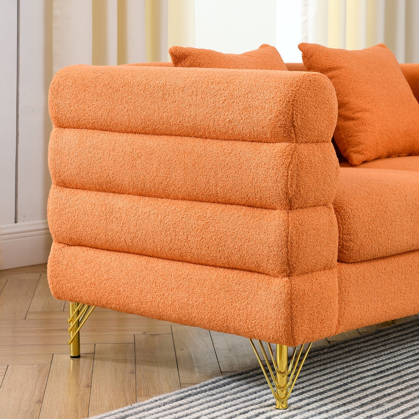 Art Deco Inspired 3-seater + 2-seater Combination Sofa in Orange Teddy Fabric