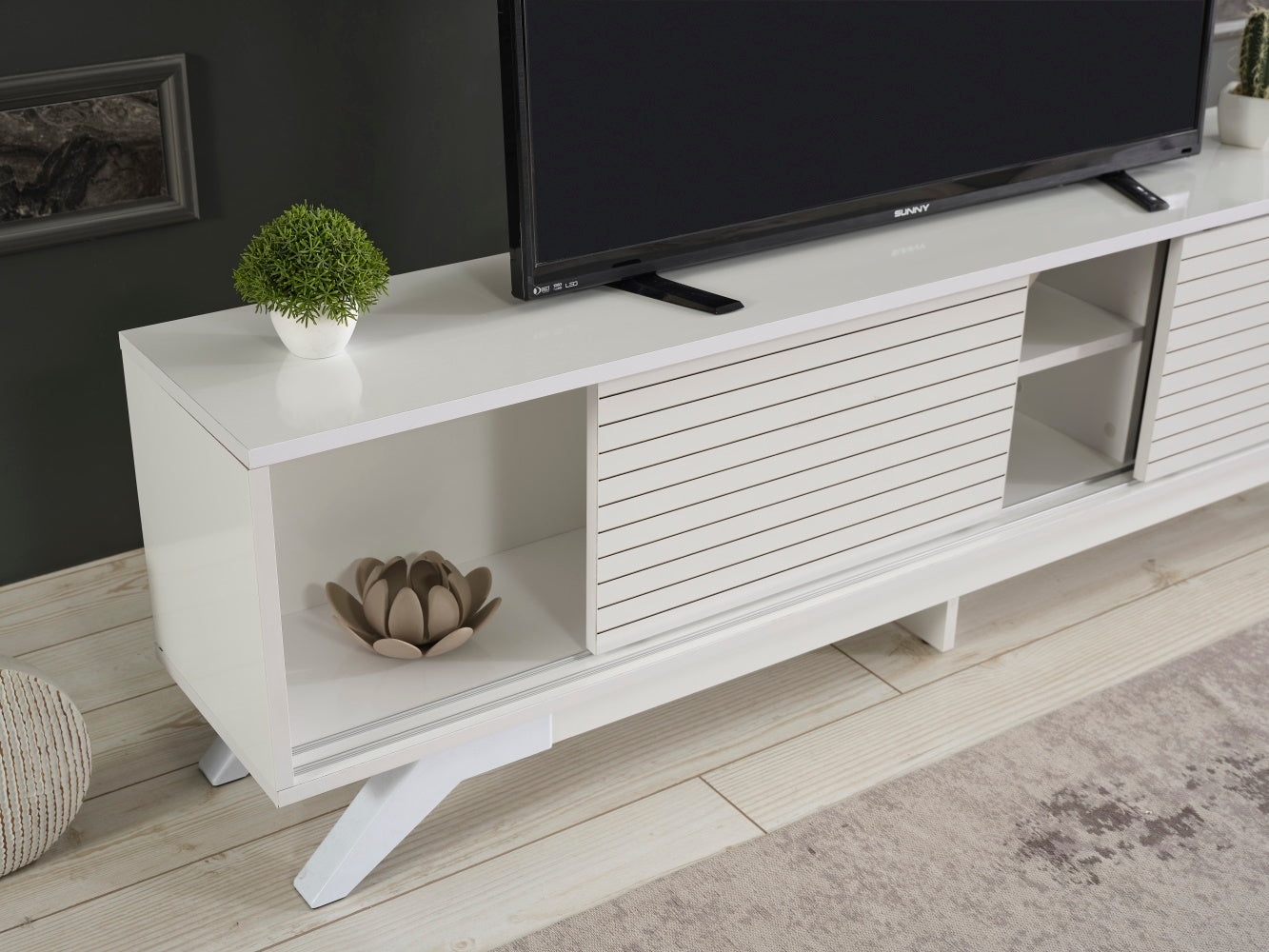 Luxia Mid Century Modern TV Stand with Storage Cabinets and Shelves in White