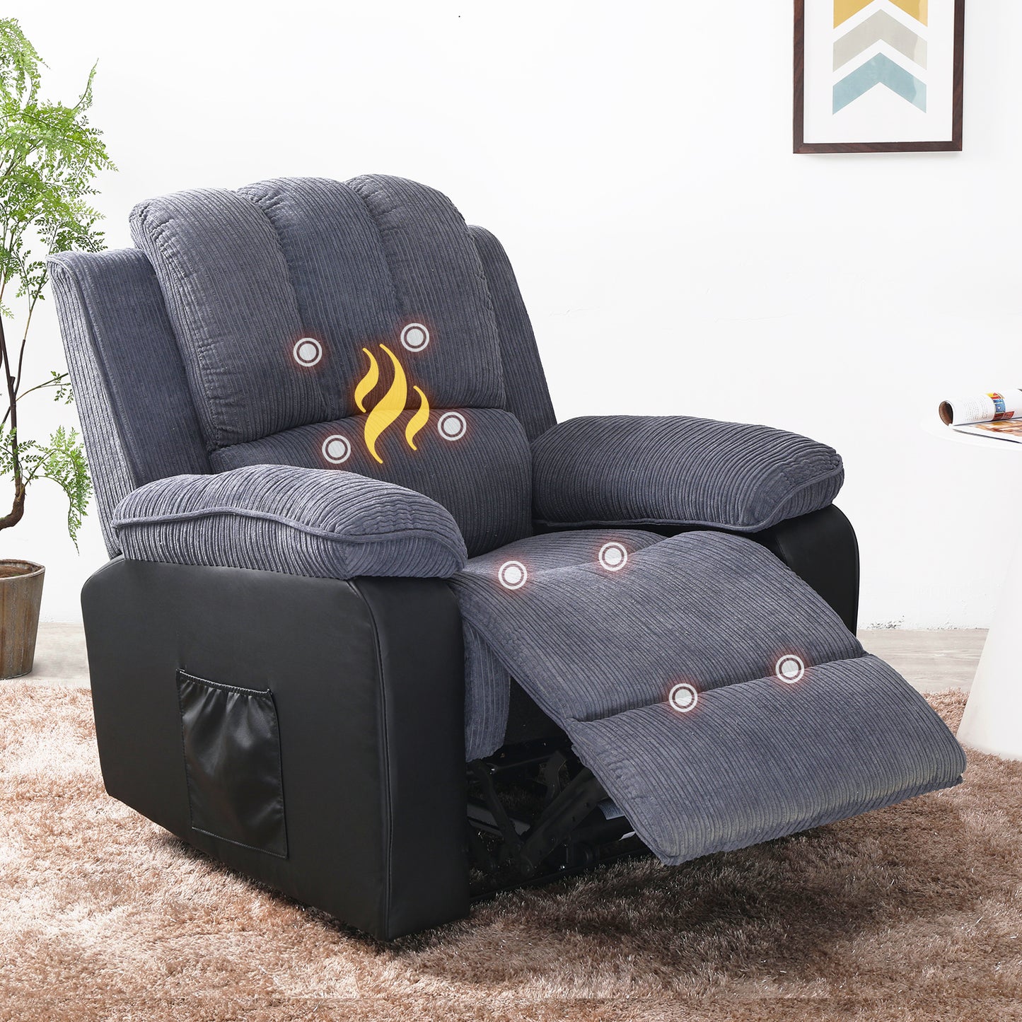 Corduroy + PU material thickened with side pockets armrests ergonomic power sofa chair with 8-point massage heating function