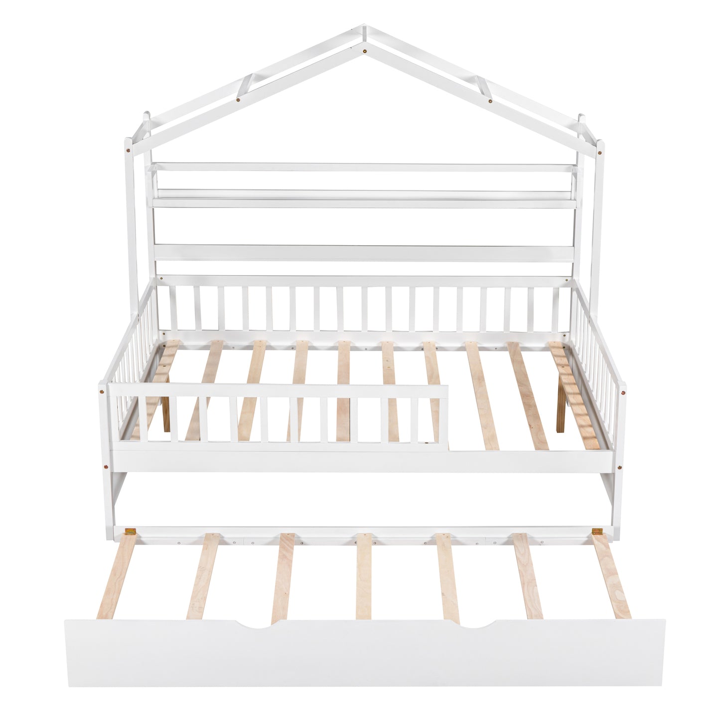 Wooden Full Size House Bed with Twin Size Trundle,Kids Bed with Shelf, White