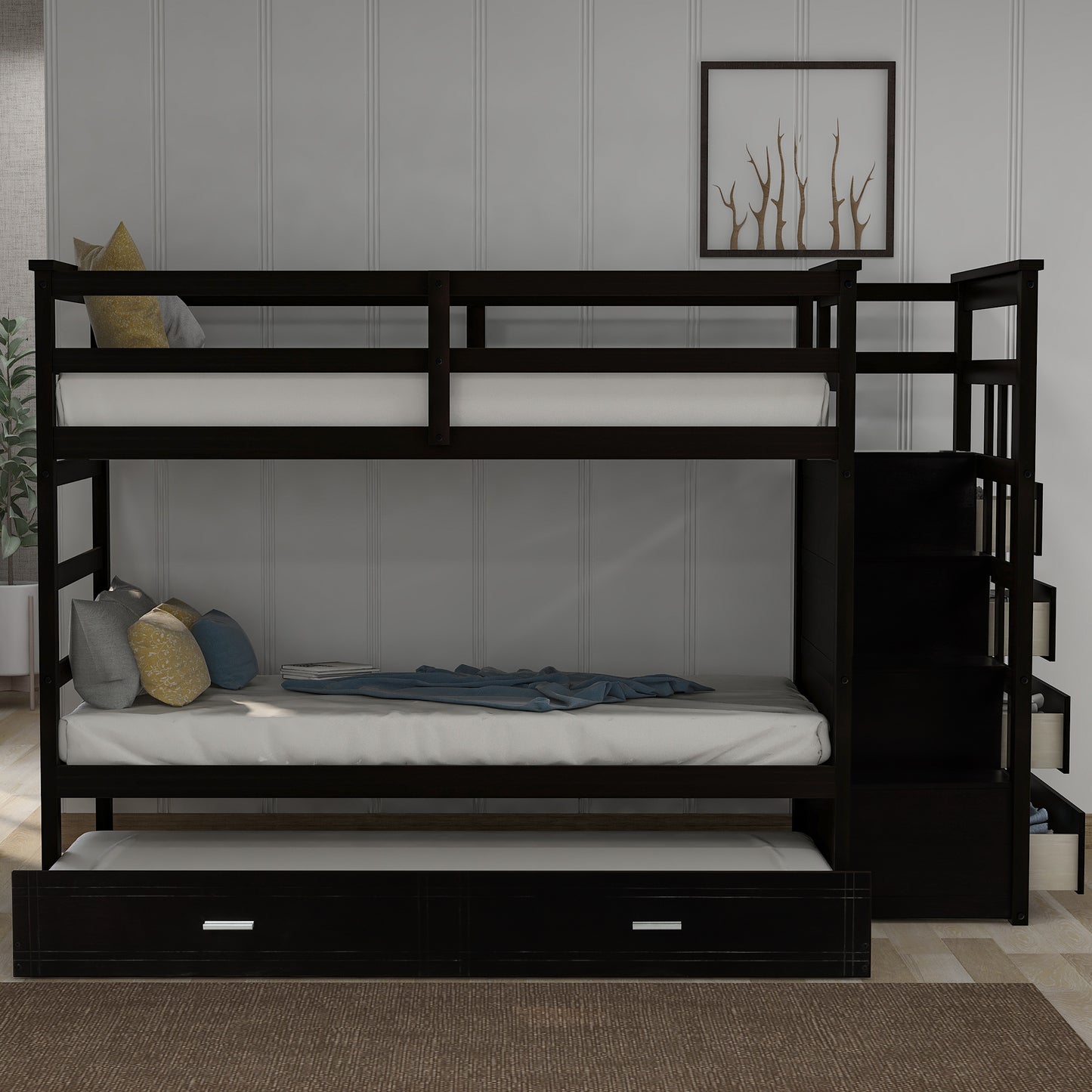 Stylish Espresso Wooden Twin Bunk Bed with Trundle and Staircase