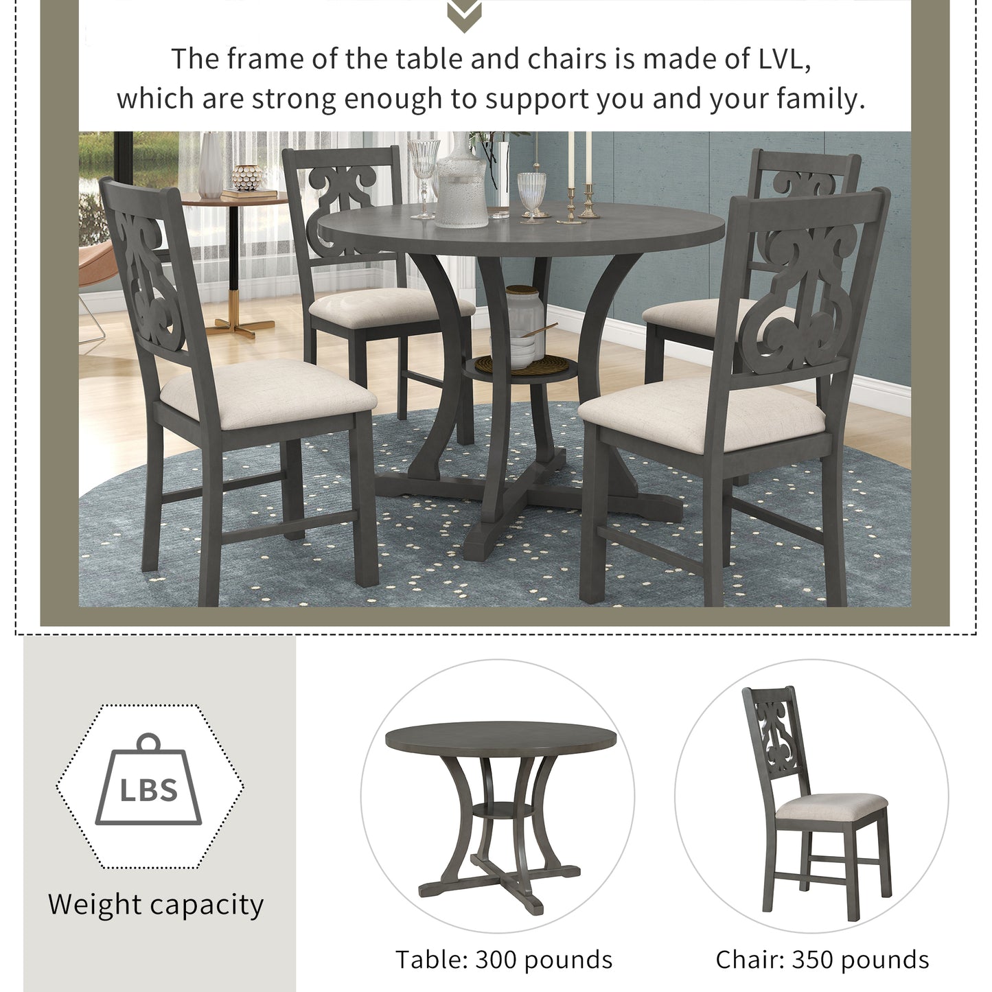 TREXM 5-Piece Round Dining Table and Chair Set with Special-shaped Legs and an Exquisitely Designed Hollow Chair Back for Dining Room (Gray)