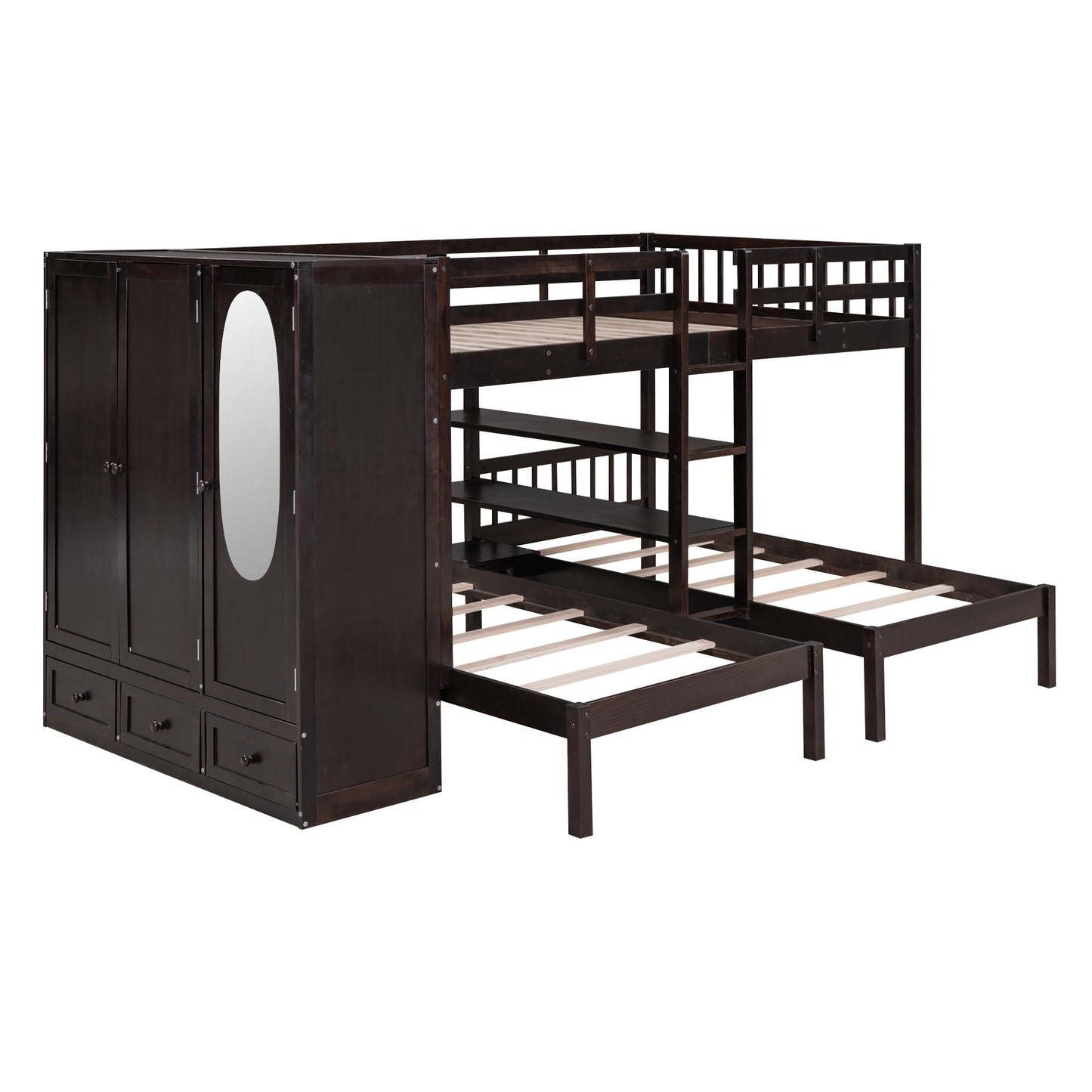 Efficient Espresso Bunk Bed with Twin Over Full, Wardrobe, Mirror, and Shelves