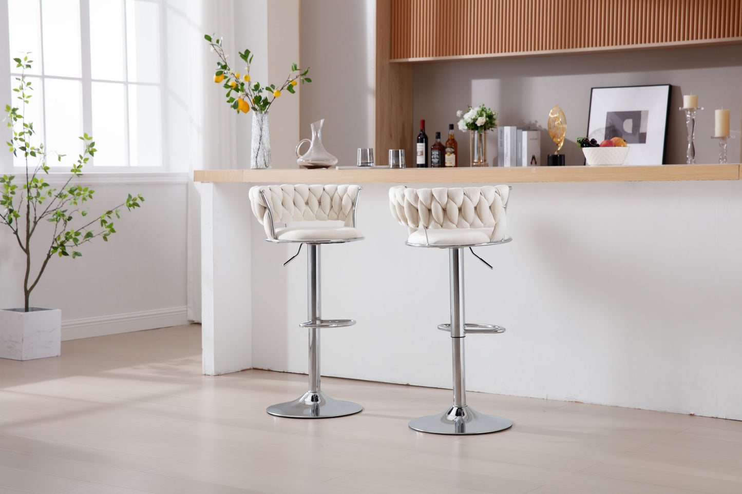 Set of 2  Bar Stools,with Chrome Footrest and Base Swivel Height Adjustable Mechanical Lifting Velvet + Bar Stool-BEIGE