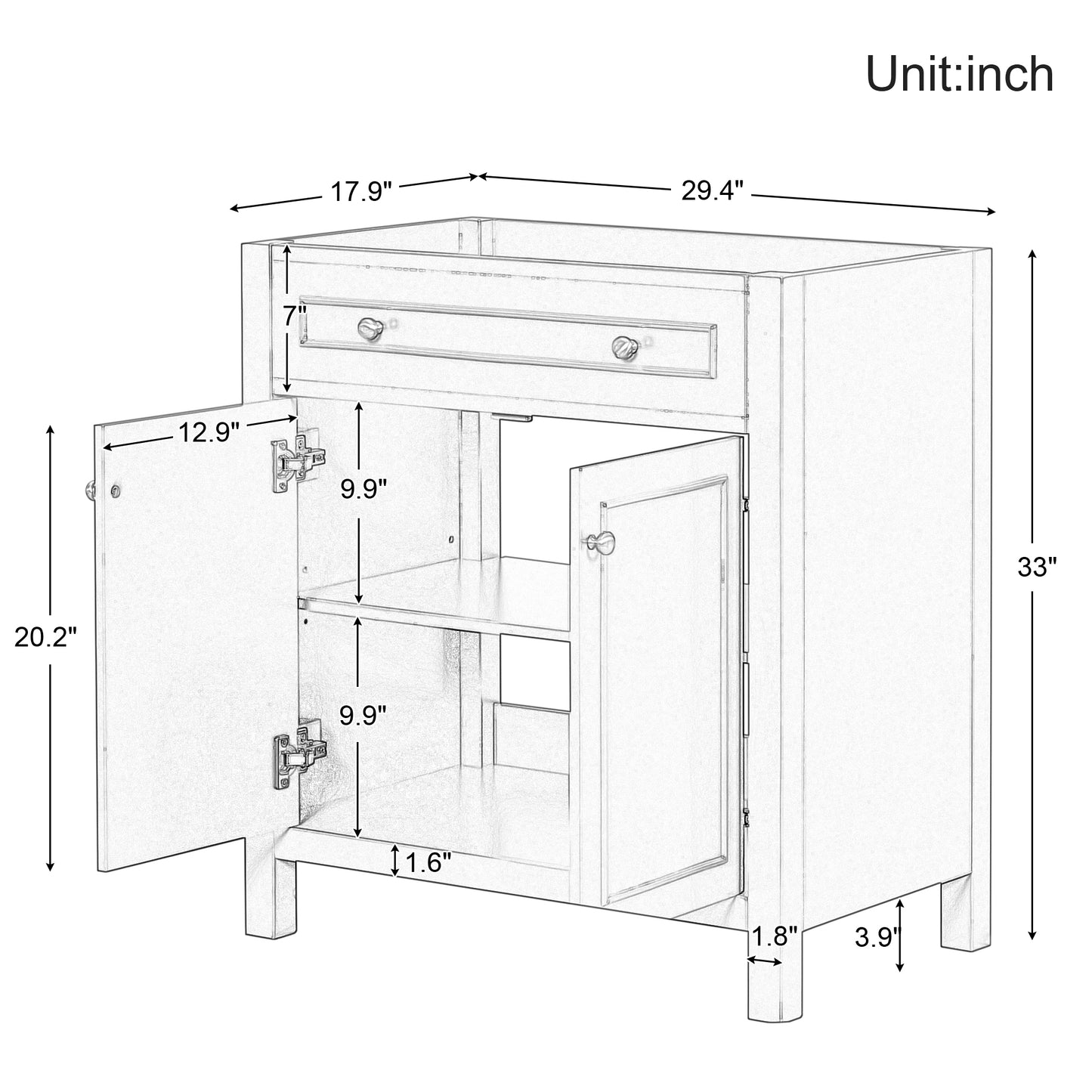 30" Bathroom Vanity without Sink Top, Cabinet Base Only, Bathroom Storage Cabinet with Two Doors and Adjustable Shelf, Blue