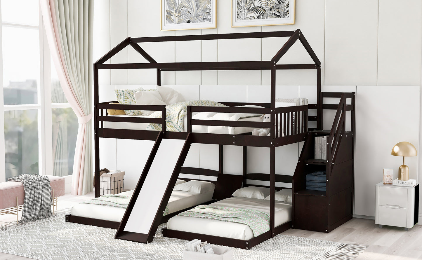 Versatile Full over Twin & Twin Bunk Bed in Espresso with Slide and Storage Staircase