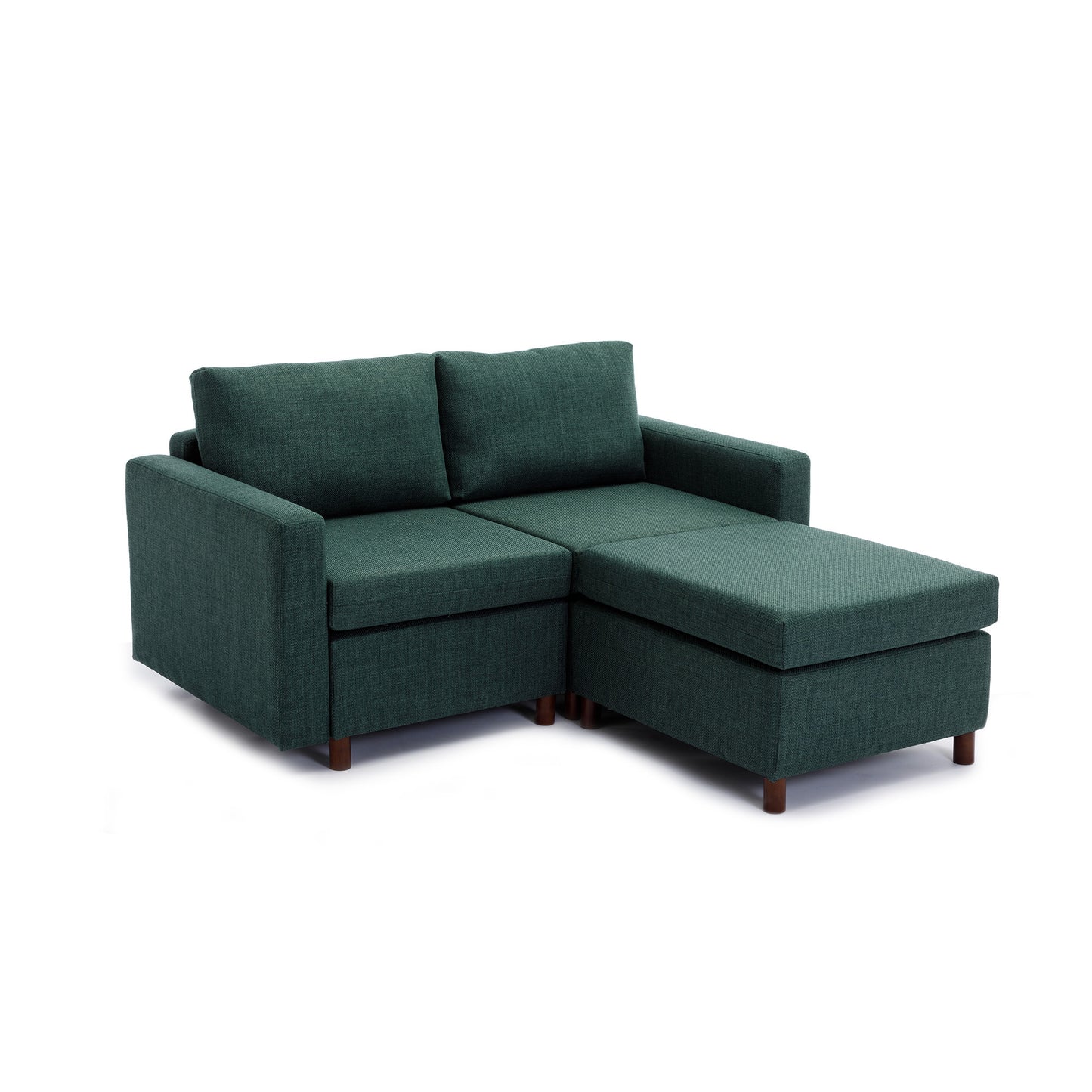 2-Seat Green Linen Sectional Sofa with Ottoman