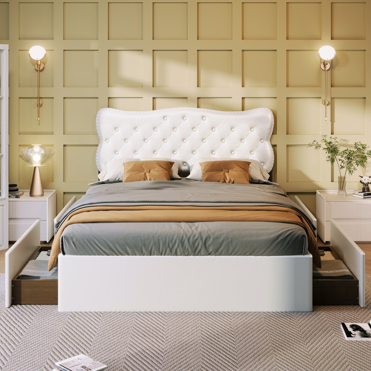 Full Size Bed Frame with 4 Storage Drawers,Leather Upholstered Platform Heavy Duty Bed,Wood Slat Support,White