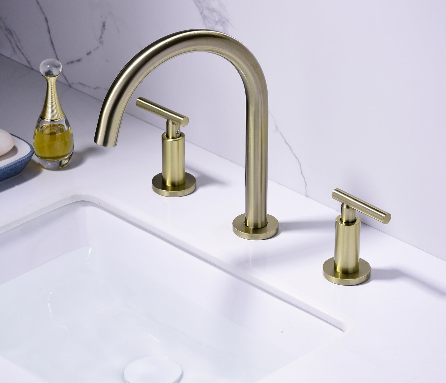 Gold High Arc 3-Hole Widespread Bathroom Sink Faucet with Rotatable Spout