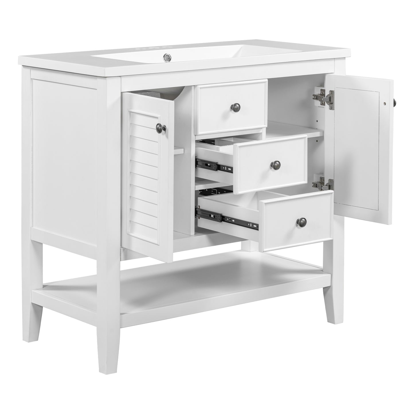 36" Bathroom Vanity with Ceramic Basin, Two Cabinets and Drawers, Open Shelf, Solid Wood Frame, White