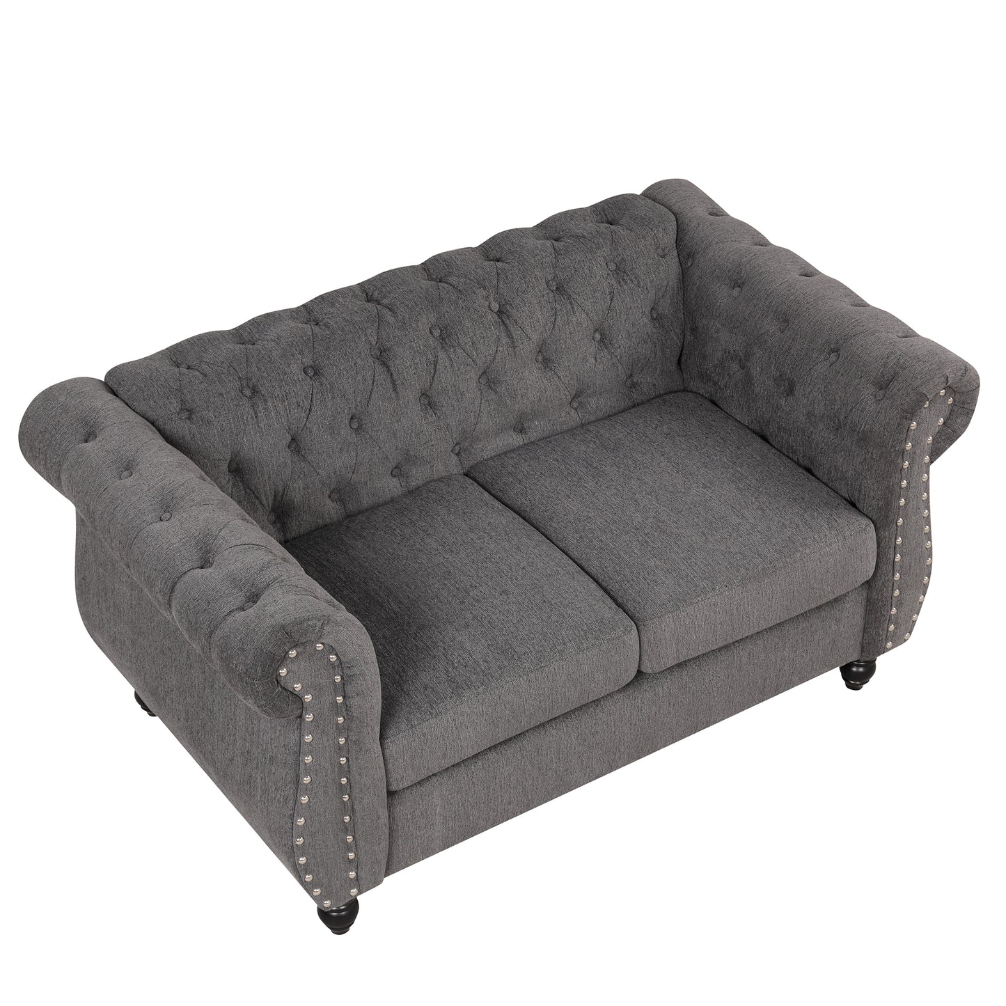 Modern Gray Plush Upholstered 60 Sofa with Buttoned Tufted Backrest and Solid Wood Legs