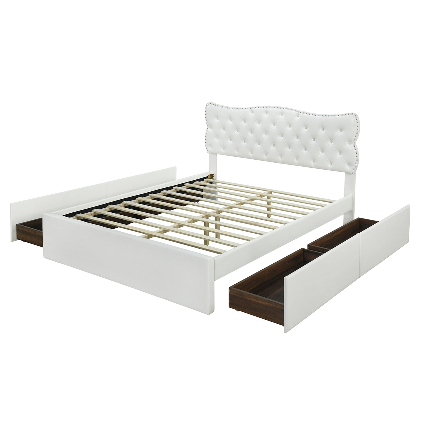 Full Size Bed Frame with 4 Storage Drawers,Leather Upholstered Platform Heavy Duty Bed,Wood Slat Support,White