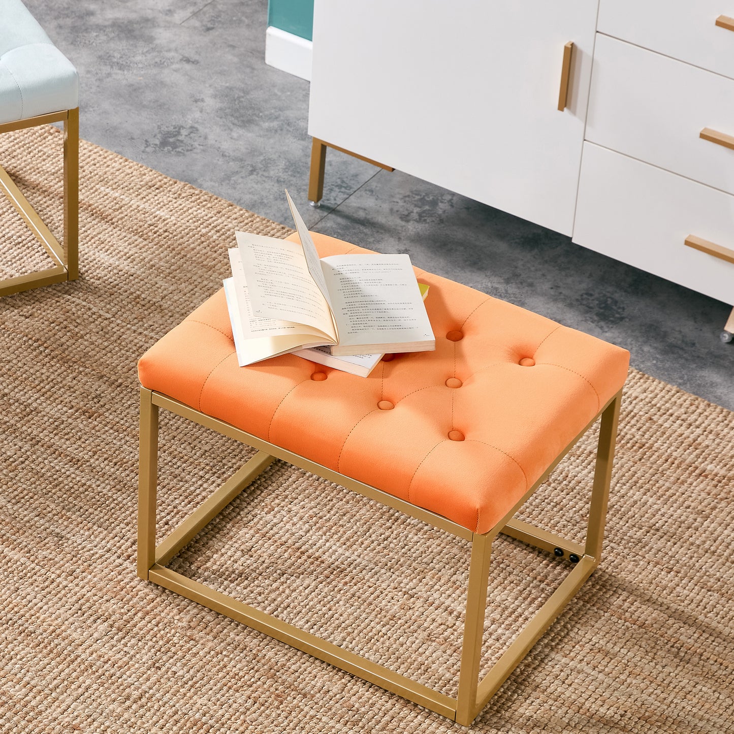 Chair Velvet Shoe Changing Stool, Orange Footstool, Square Vanity Chair, Sofa stool,Makup Stool .Vanity Seat ,Rest stool. Piano Bench .Suitable for Clothes Shop,Living RoomST-001-OR