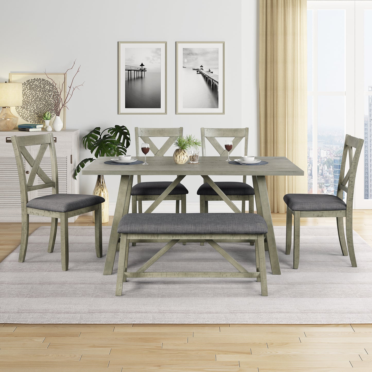 6 Piece Dining Table Set Wood Dining Table and chair Kitchen Table Set with Table, Bench and 4 Chairs, Rustic Style, Gray(No Difference with SH000109AAE)