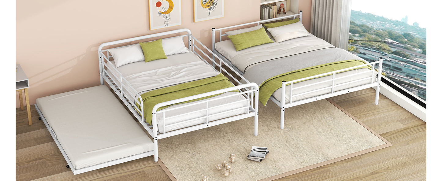 XL Full Over Queen Metal Bunk Bed with Twin Size Trundle in White Chrome Finish