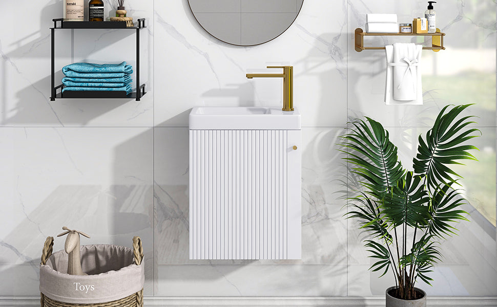 Contemporary 16" White Wall-Mounted Bathroom Vanity Combo Cabinet with Ceramic Basin - Ideal for Small Bathrooms