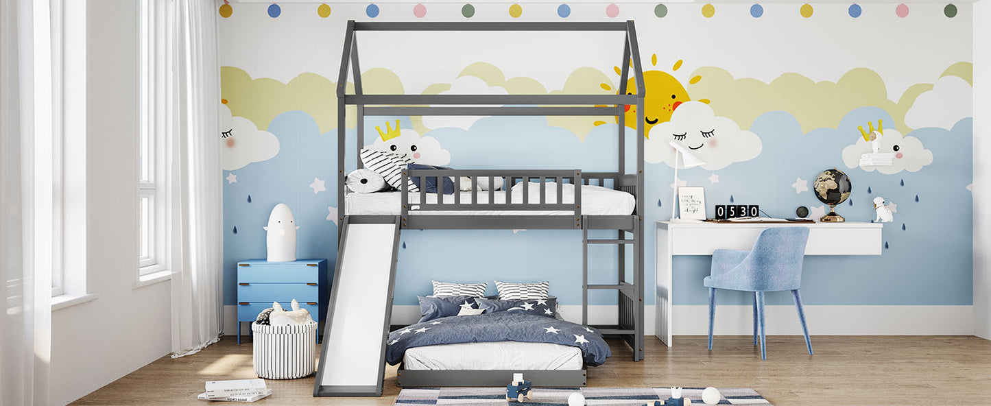 Gray Twin Bunk Bed with Slide and Playhouse Design for Maximized Space Saving