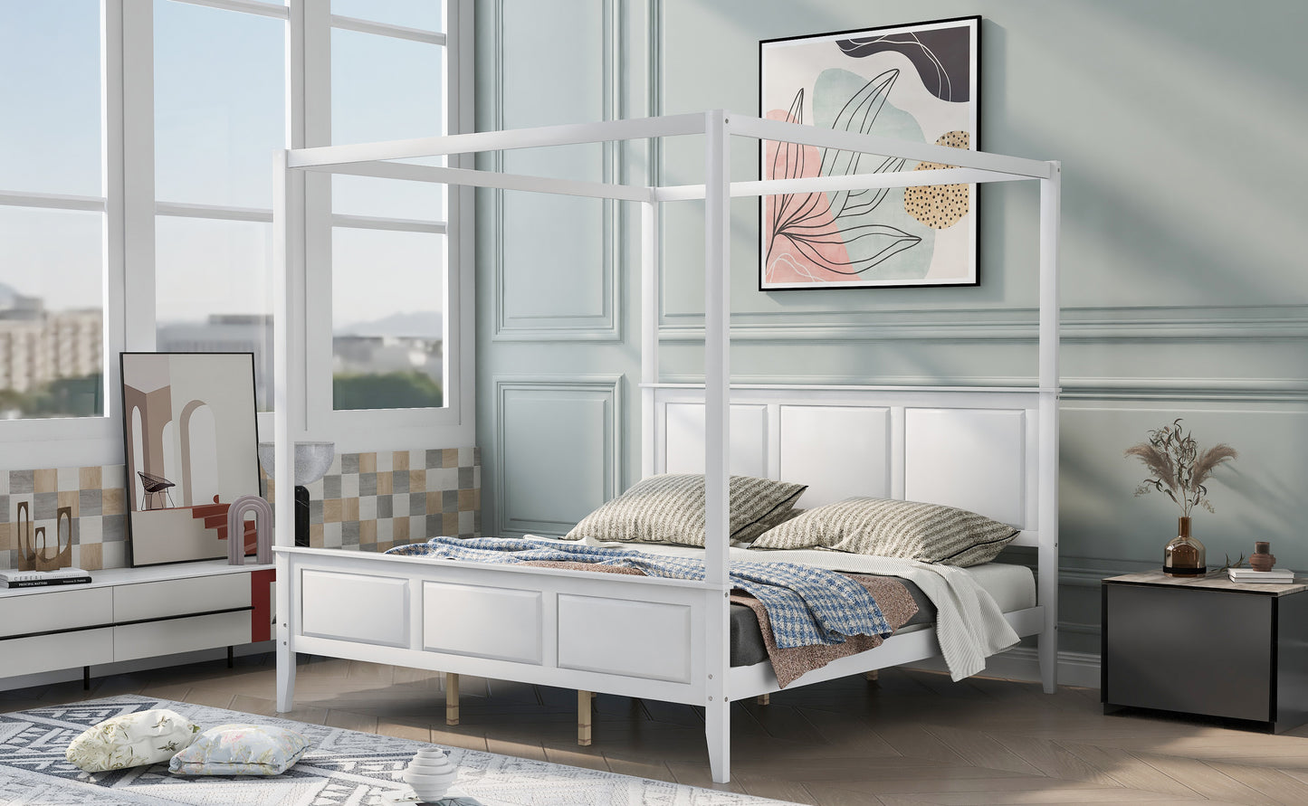 King Size Canopy Platform Bed with Headboard and Footboard,With Slat Support Leg, White