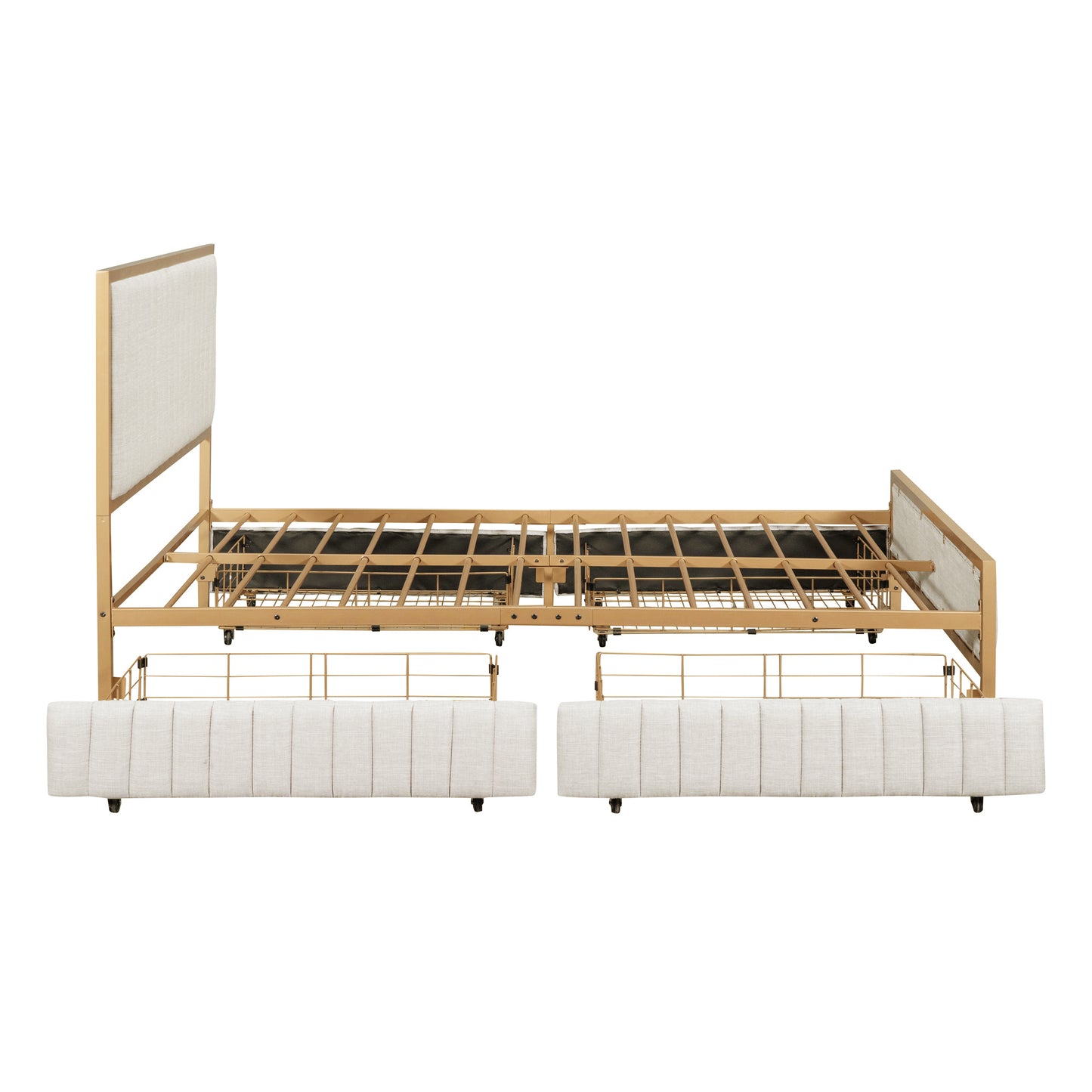 Full Size Metal Frame Upholstered Bed with 4 Drawers, Linen Fabric, Beige