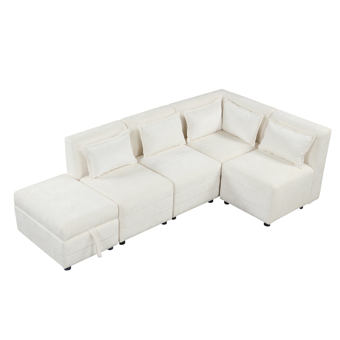 Cream 5-Seater Modular Sectional Sofa with Storage Ottoman and 5 Pillows