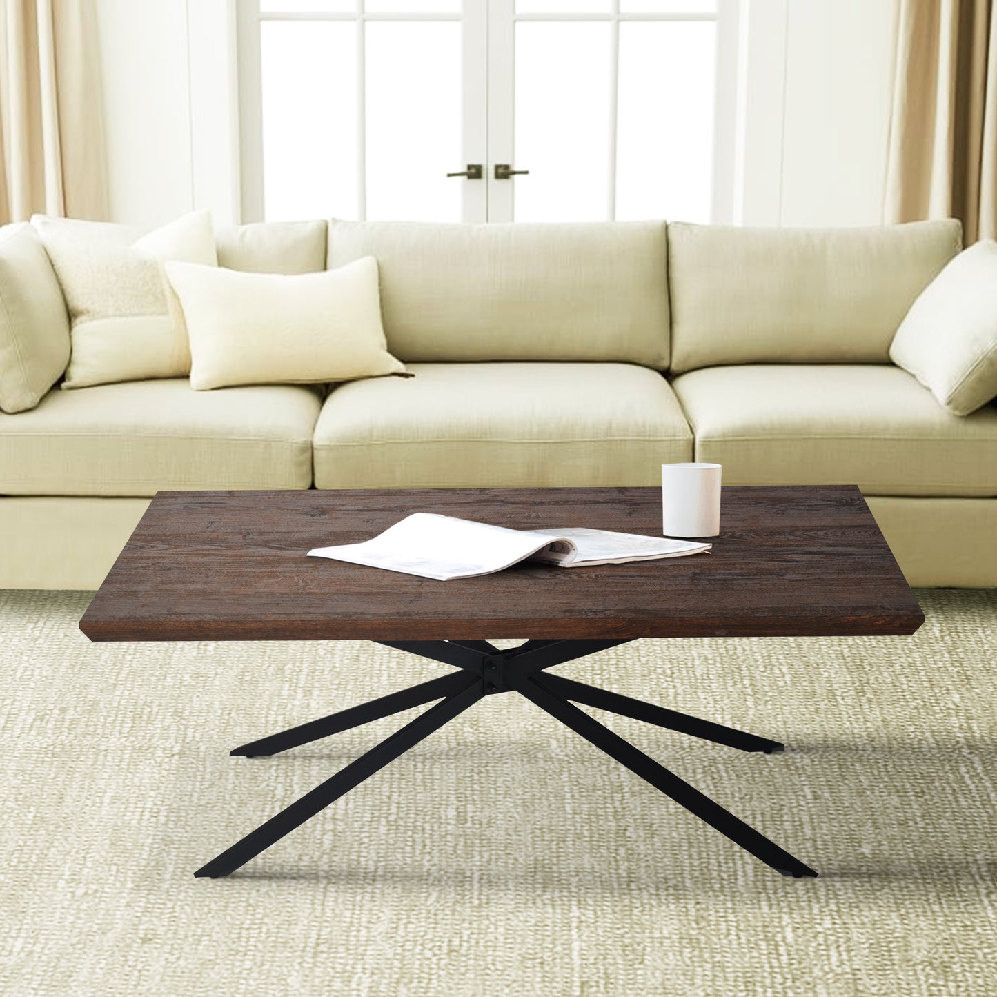 Wooden Coffee Table with Boomerang Legs in Sonoma Brown and Black