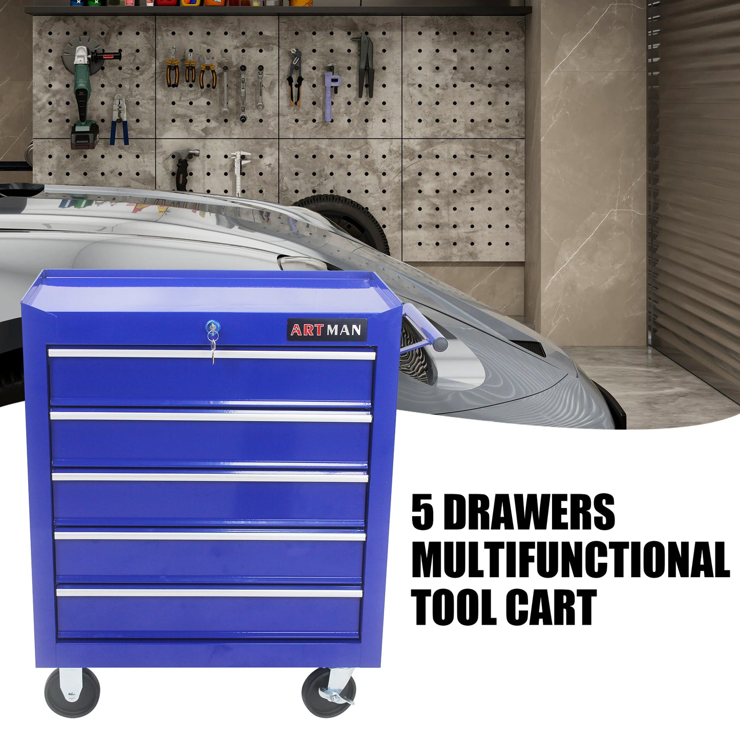 5 DRAWERS MULTIFUNCTIONAL TOOL CART WITH WHEELS-BLUE