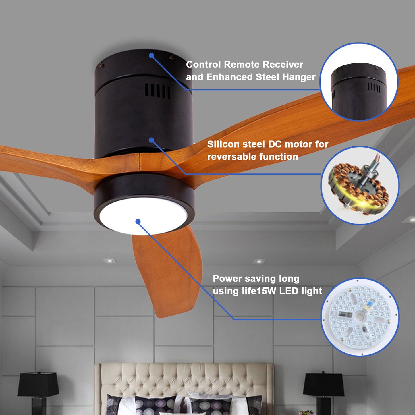 52 Inch Solid Wood Ceiling Fan with Dimmable LED Lights and Remote Control