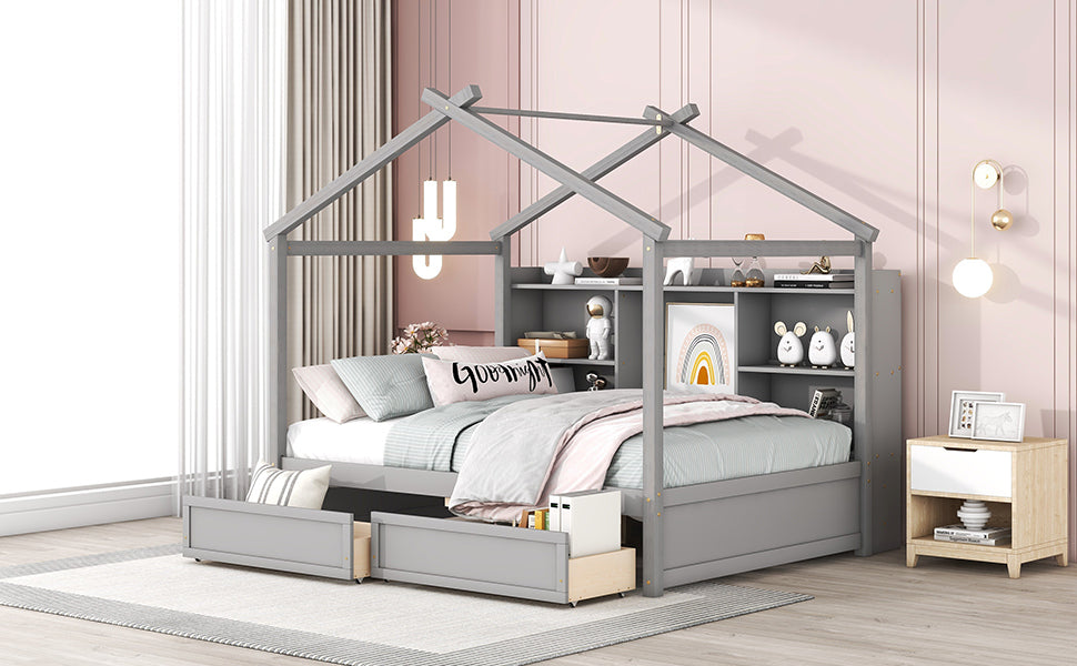 Full Size House Bed with Storage Shelves and 2 Drawers, Brushed Gray