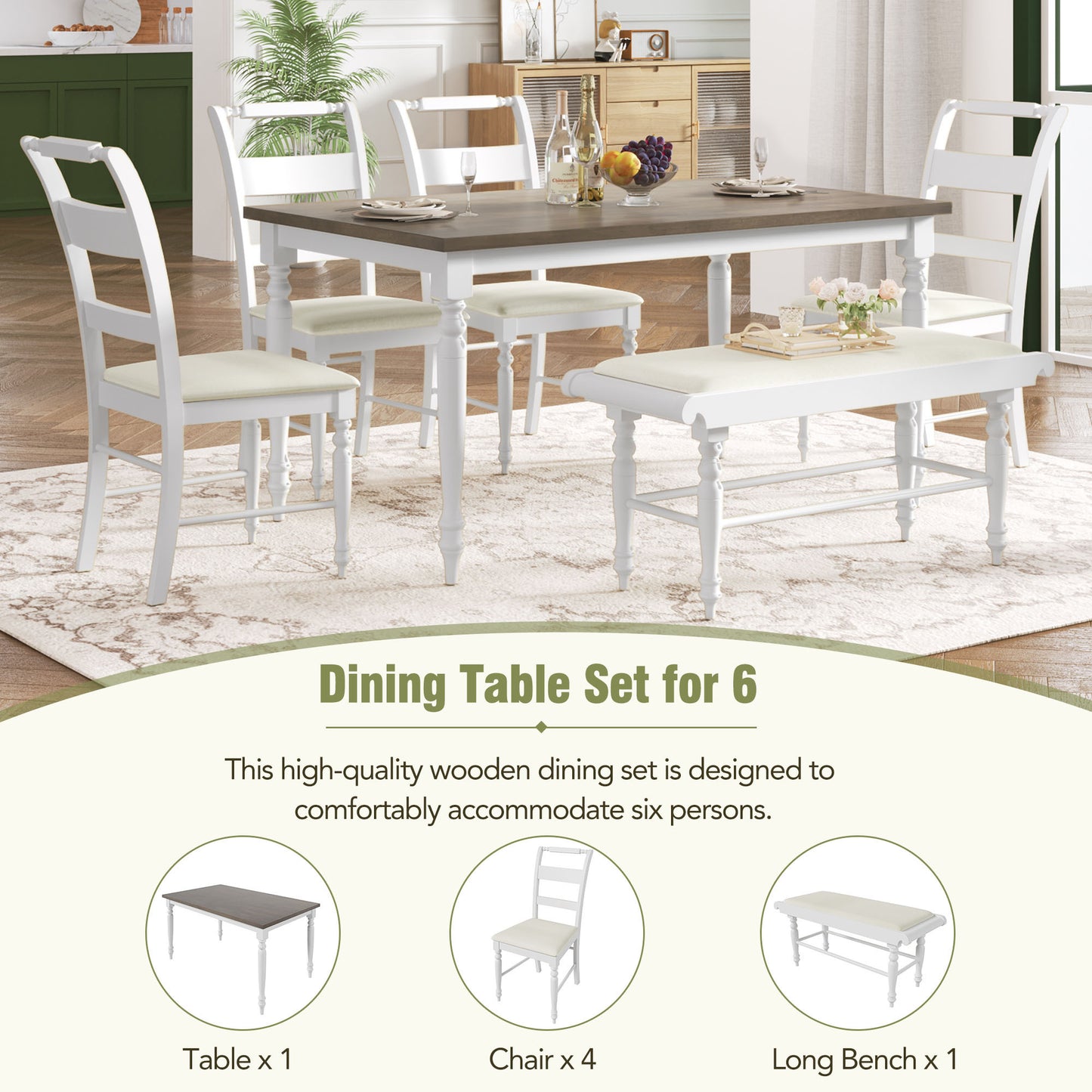 6-peice Dining Set with Turned Legs, Kitchen Table Set with Upholstered Dining Chairs and Bench,Retro Style, White