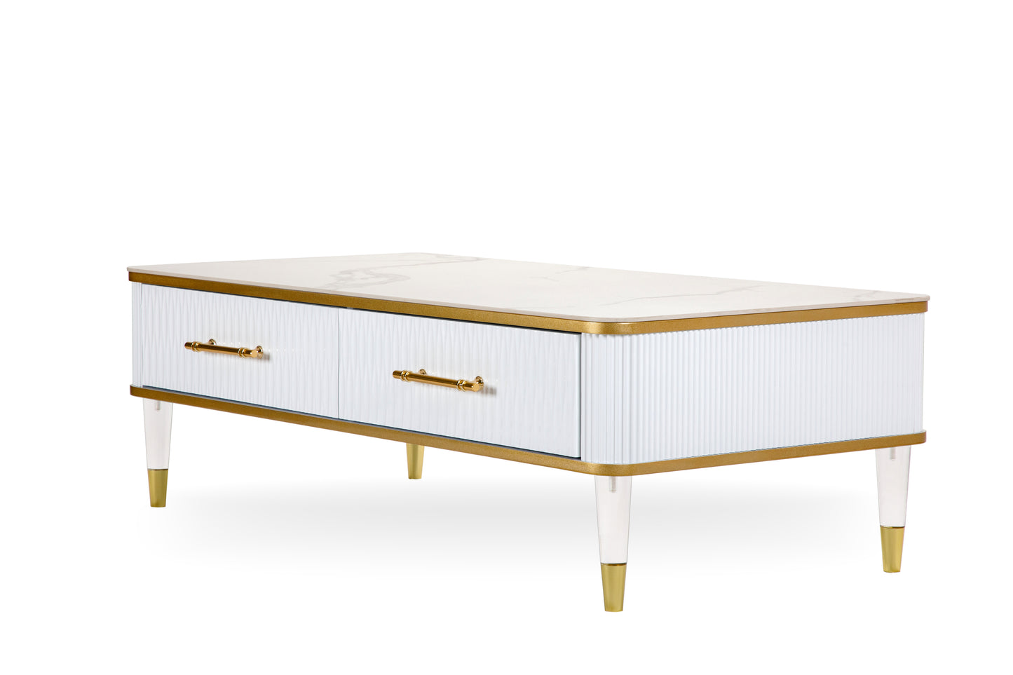 Contemporary White and Gold Stone Coffee Table with Drawer